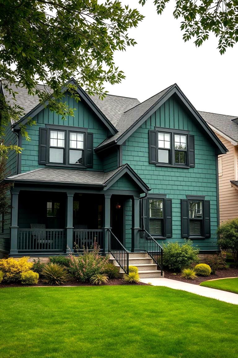 Forest Green and Black in a Suburban Setting - 25 Forest Green House With Black Trim