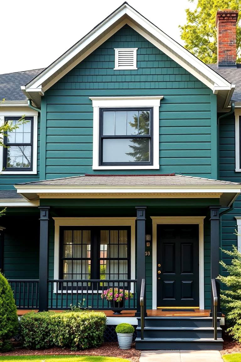 Forest Green with Black Railings and Columns - 25 Green House Exterior With Black Trim