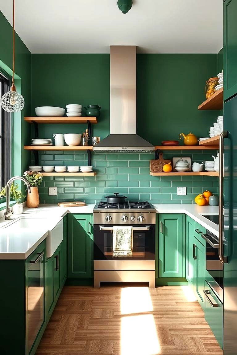 Forest Green with Open Shelving for an Airy Feel - 25 Forest Green Kitchen Ideas