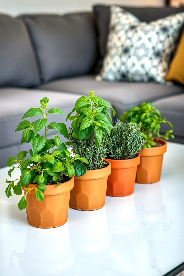 Fresh Herb Garden in Small Planters - 25 Coffee Table Centerpiece Ideas