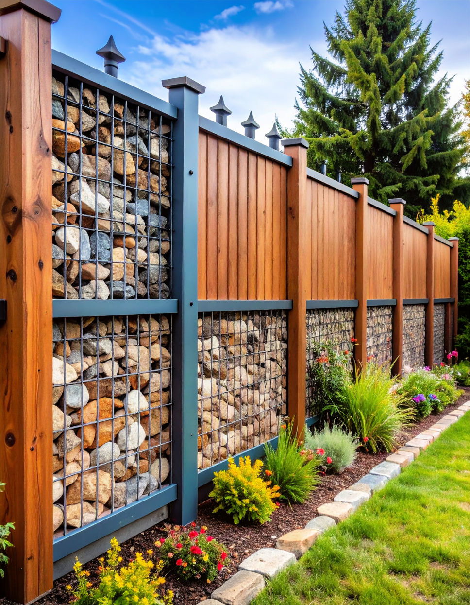 Gabion Fence with Mixed Materials for Visual Interest Corner Fence Ideas