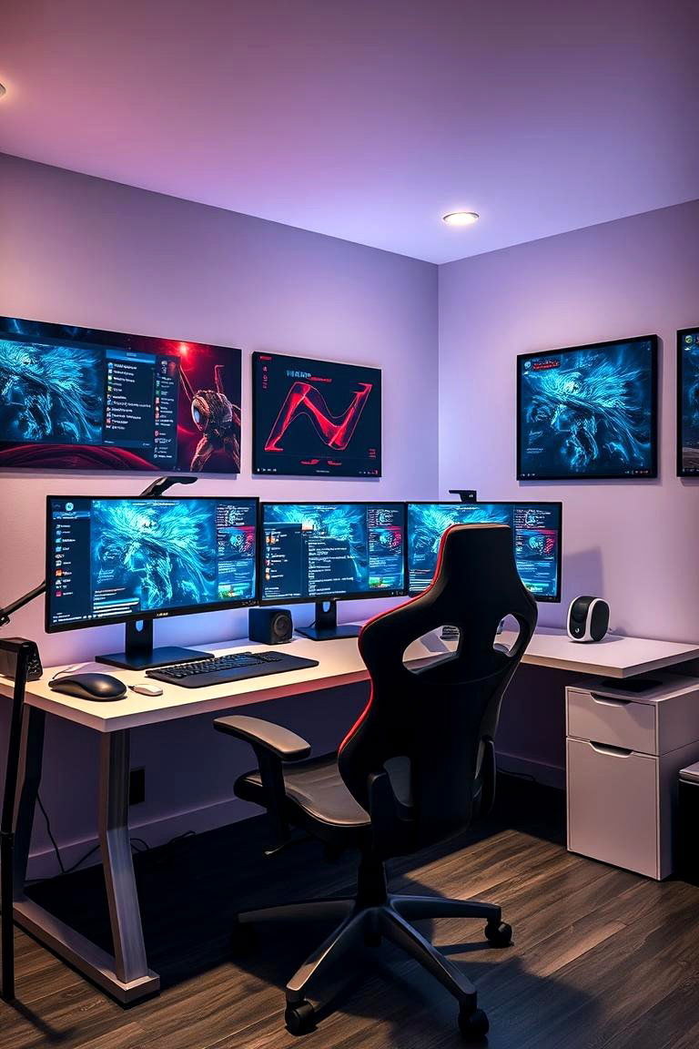Gaming Desk with Multiple Screens - 25 Game Room Ideas