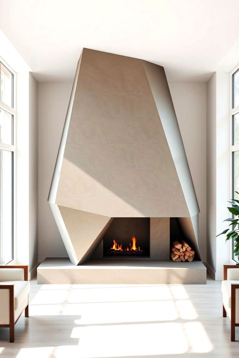 Geometric Fireplace Design Between Windows - 25 Fireplace Between Windows Ideas