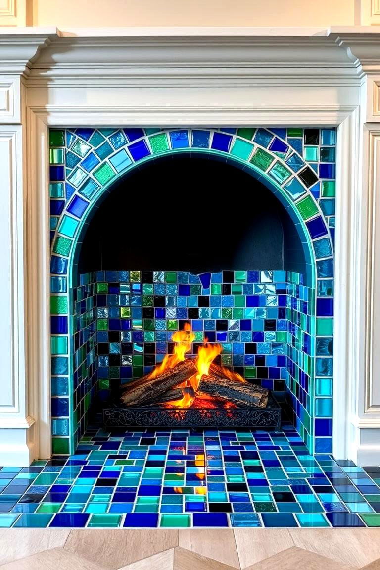 Glass Tile Hearth for an Artful Statement - 25 Fireplace Hearth Ideas