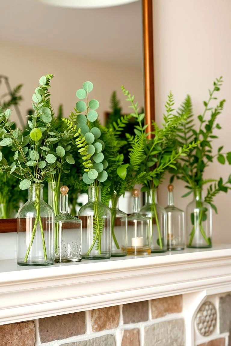 Glass Vases with Greenery - 25 Green Fireplace Ideas