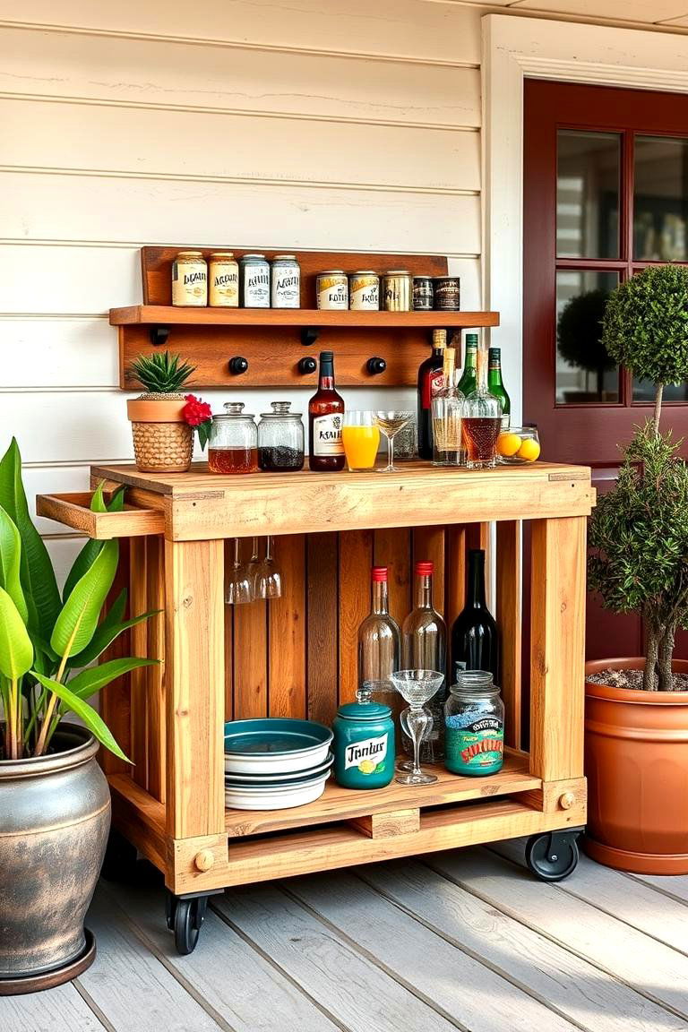 Go for a Rustic Pallet Bar Cart - 25 Farmhouse Porch Ideas