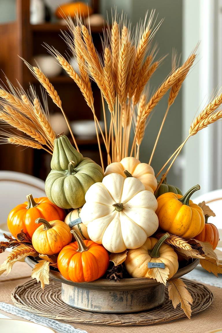 Gourd and Wheat Bundle Centerpiece - 25 Fall Table Decor Ideas