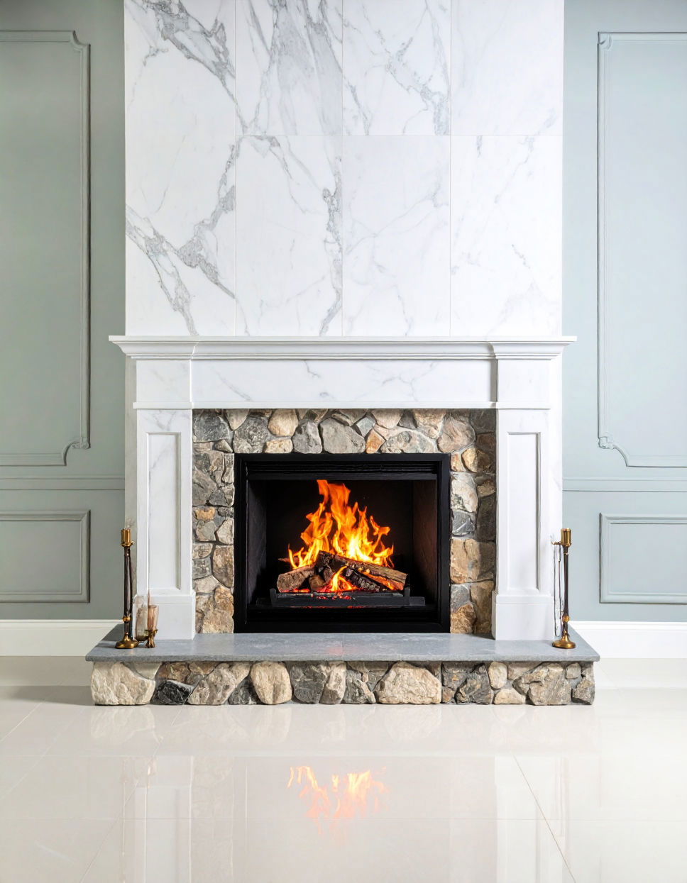 Gray Marble and Stone Fireplace