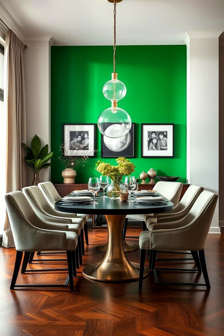 Green Accent Wall Behind the Dining Table - 25 Green Dining Room Ideas