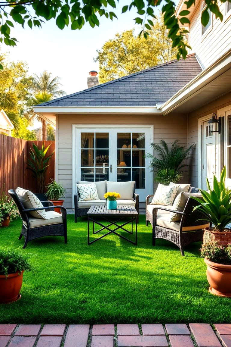 Green Patio with Artificial Turf - 25 Front Yard Patio Ideas