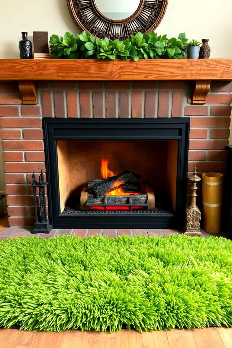 Green Shag Rug as a Hearth Pad - 25 Green Fireplace Ideas
