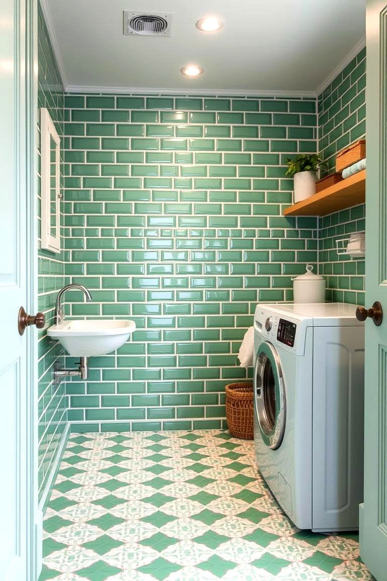 Green Tiling for the Floor - 25 Green Laundry Room Ideas
