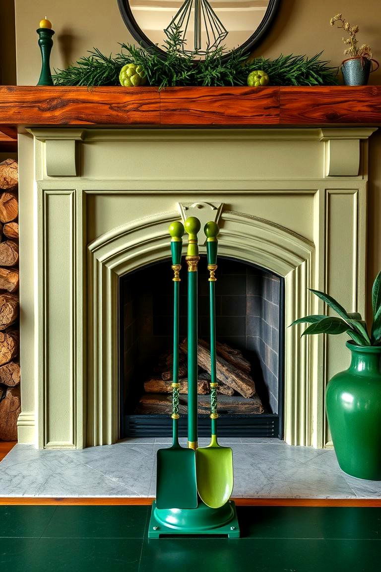 Green Toned Fireplace Tools Set - 25 Green Fireplace Ideas