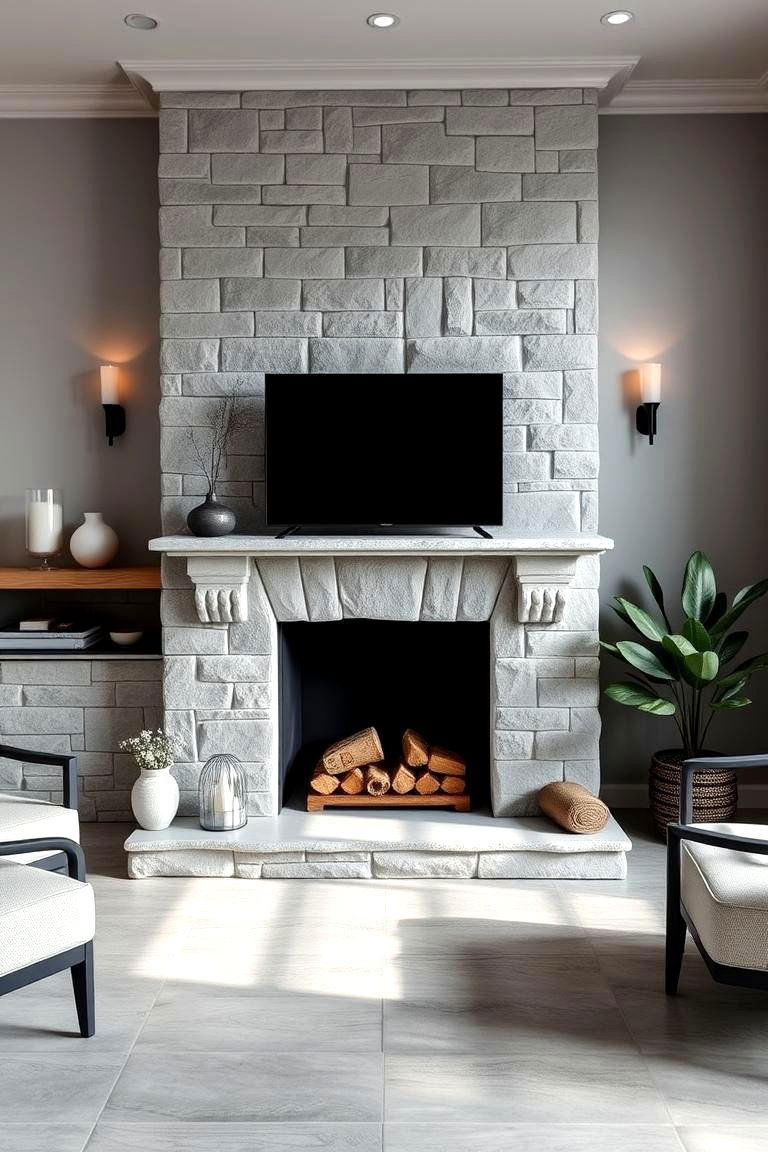 Grey Stone Fireplace for Subtle Elegance - 25 Floor-to-Ceiling Stone Fireplace Ideas