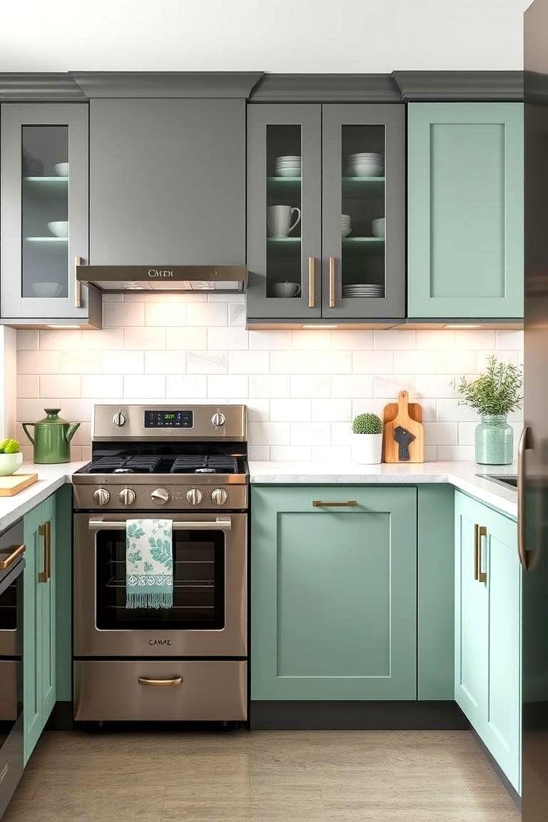 Grey and Mint Green for a Subtle Refreshing Look - 25 Two Tone Kitchen Cabinet Ideas
