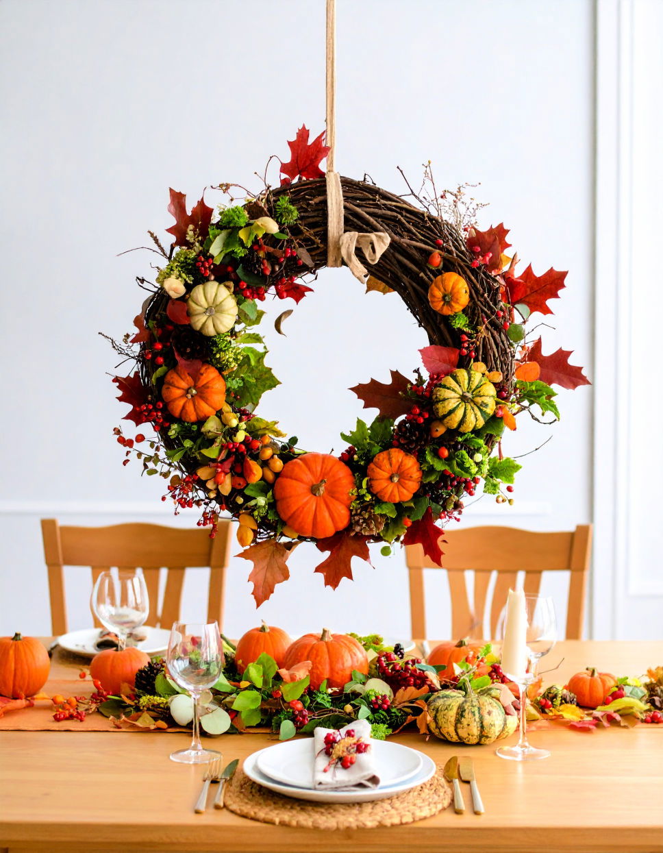Grapevine Wreath with Autumn Elements Thanksgiving Centerpiece Ideas