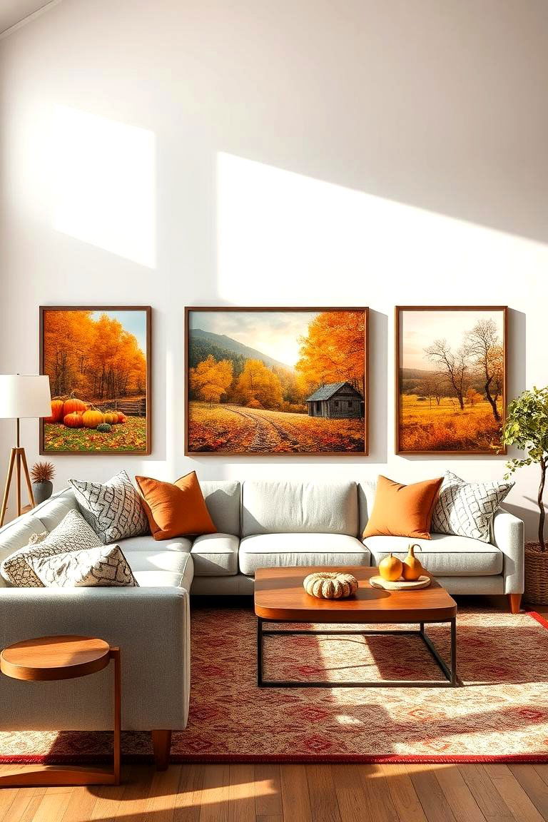 Hang Seasonal Artwork or Prints - 25 Fall Living Room Ideas