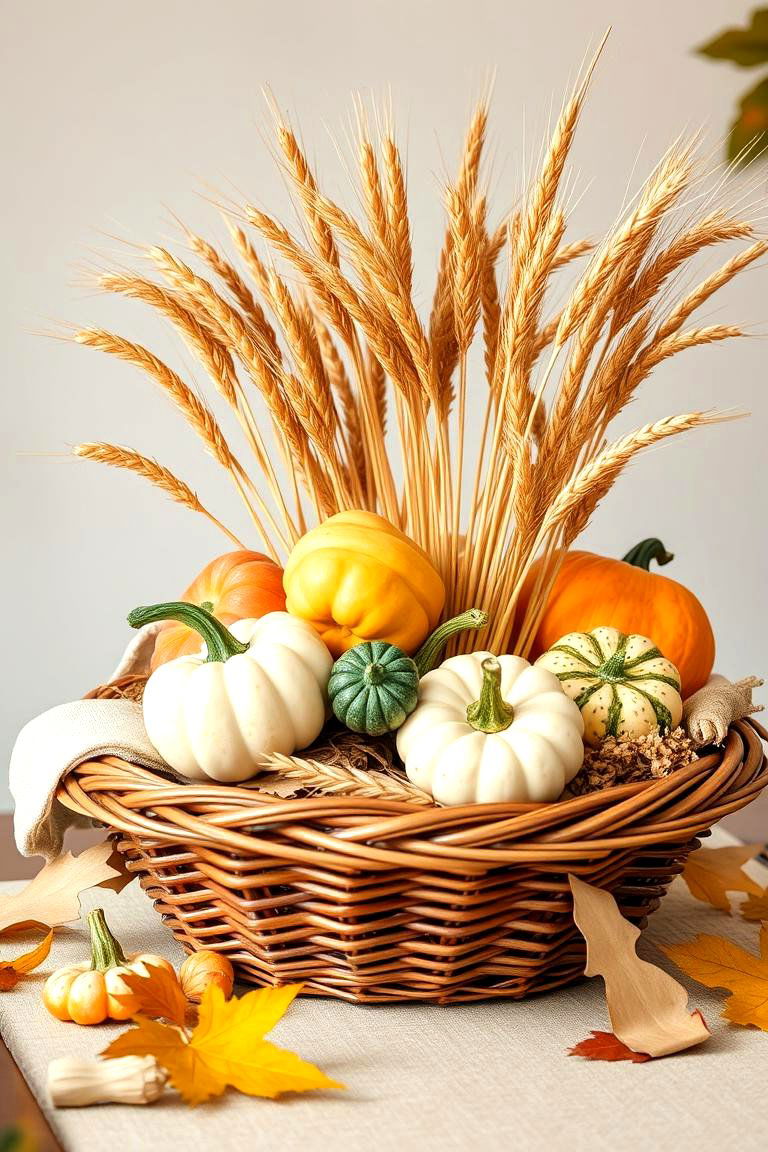 Harvest Basket Centerpiece with Wheat and Gourds - 25 Thanksgiving Centerpiece Ideas