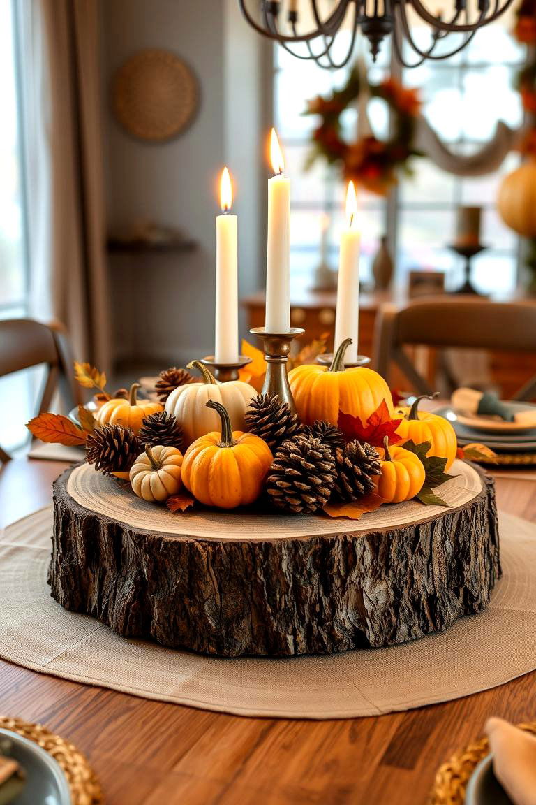 Harvest Inspired Wood Slice Centerpiece - 25 Thanksgiving Centerpiece Ideas