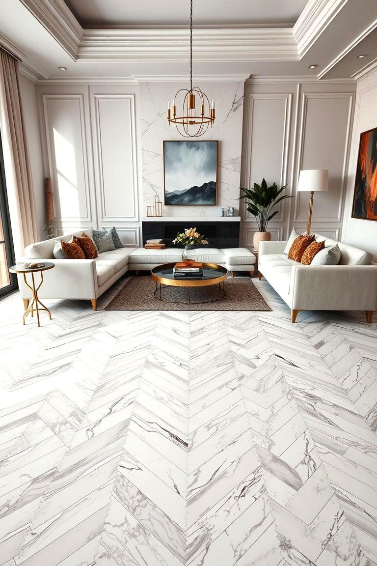 Herringbone Pattern for Dynamic Movement - 25 Marble Floor Living Room Ideas