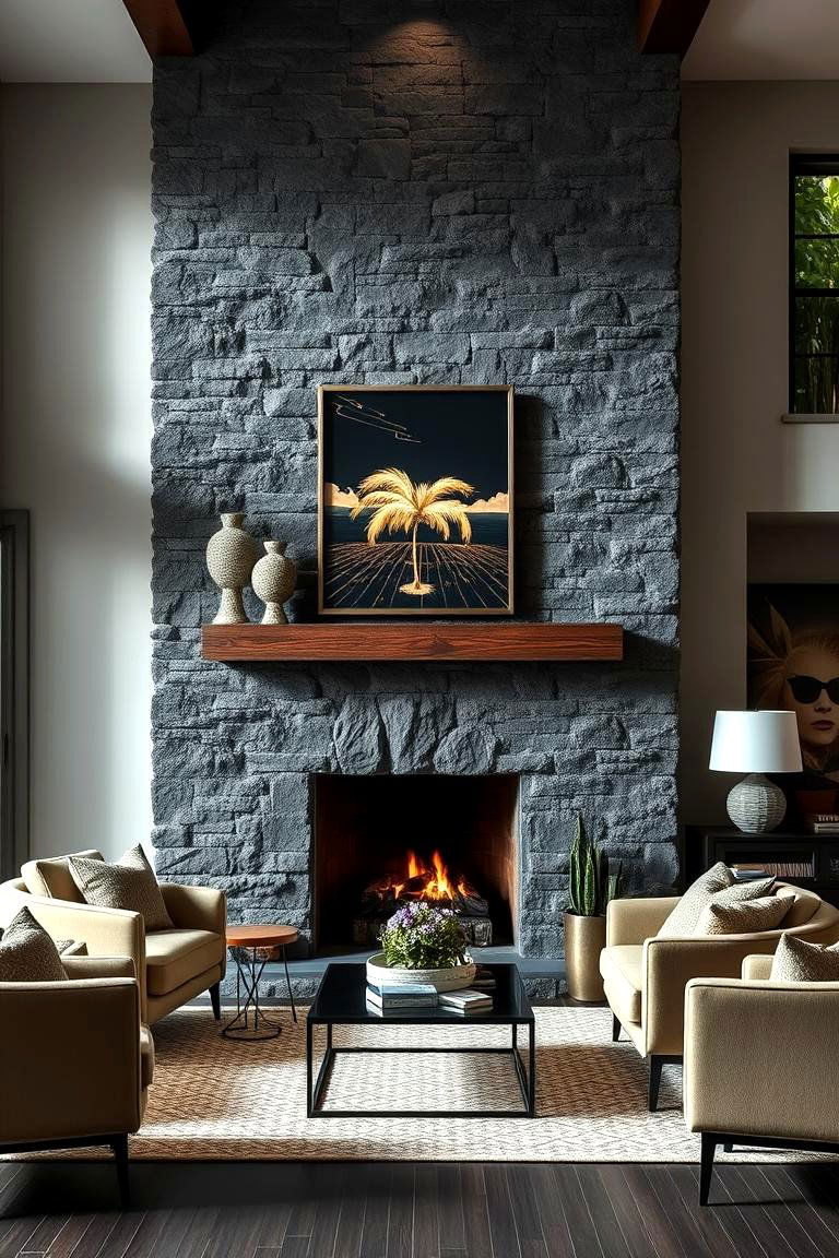 High Contrast Faux Stone Fireplace Design - 25 Faux Stone Fireplace Ideas