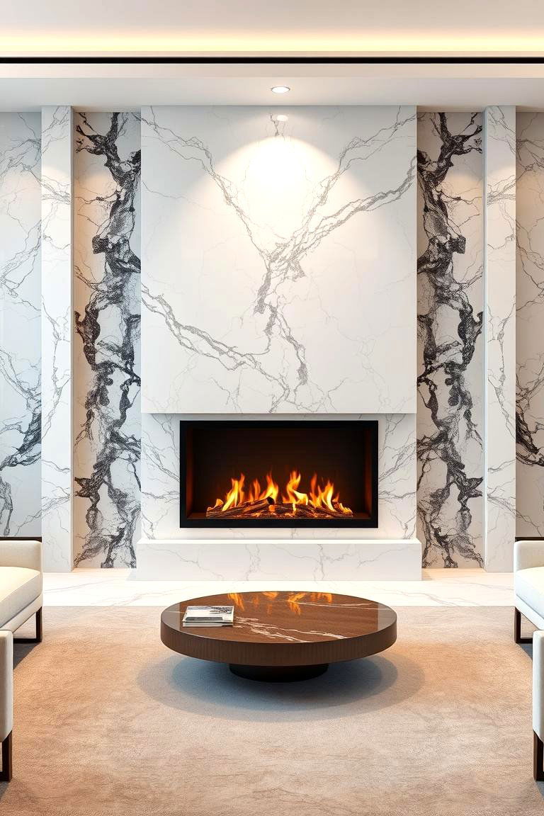 High Gloss Marble Fireplace Wall for Luxe Appeal - 25 Fireplace Wall Ideas