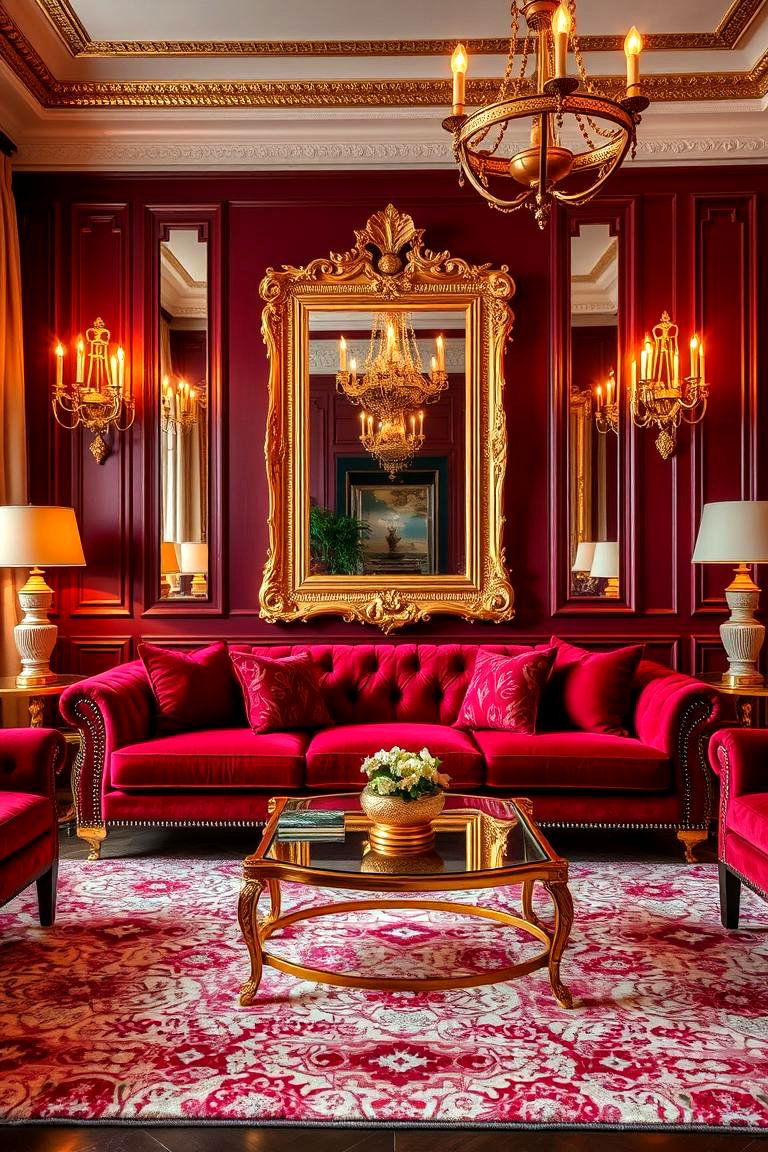 Highlight with Gold Accents - 25 Burgundy Sofa Living Room Ideas