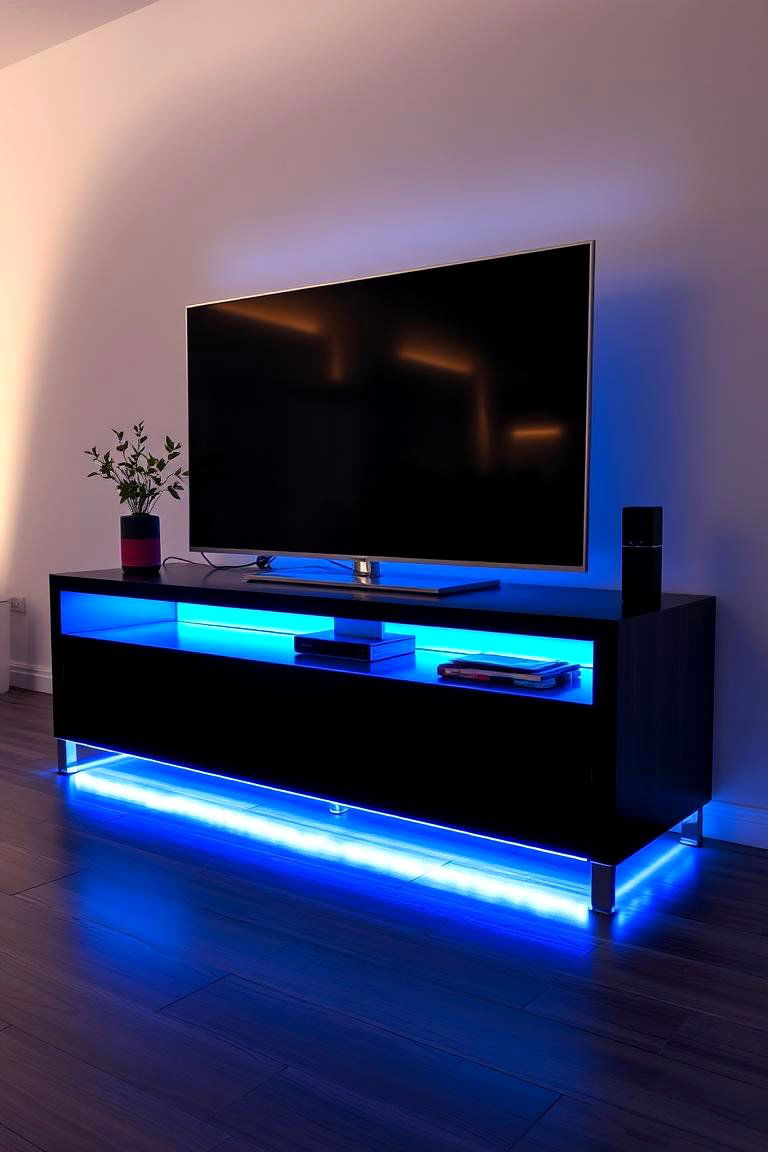 Highlighting with LED Strip Lighting - 25 Tv Console Decor Ideas