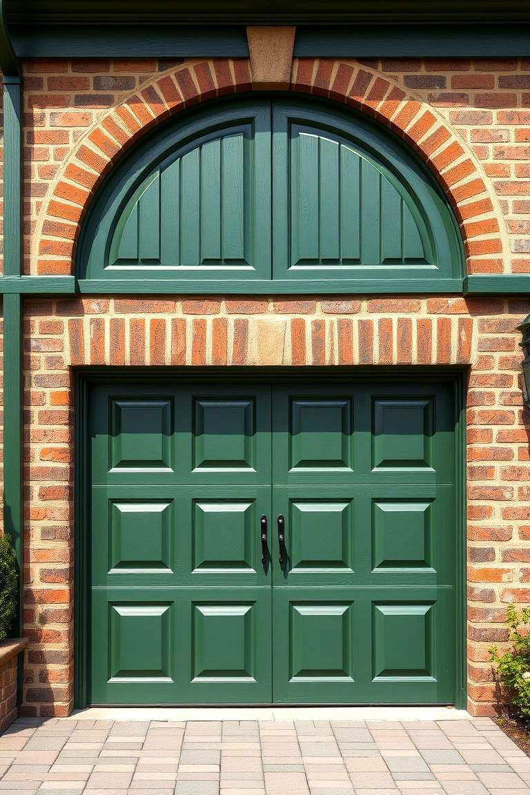 Hunter Green with Brick Accents for Classic Elegance - 25 Green Garage Door Ideas