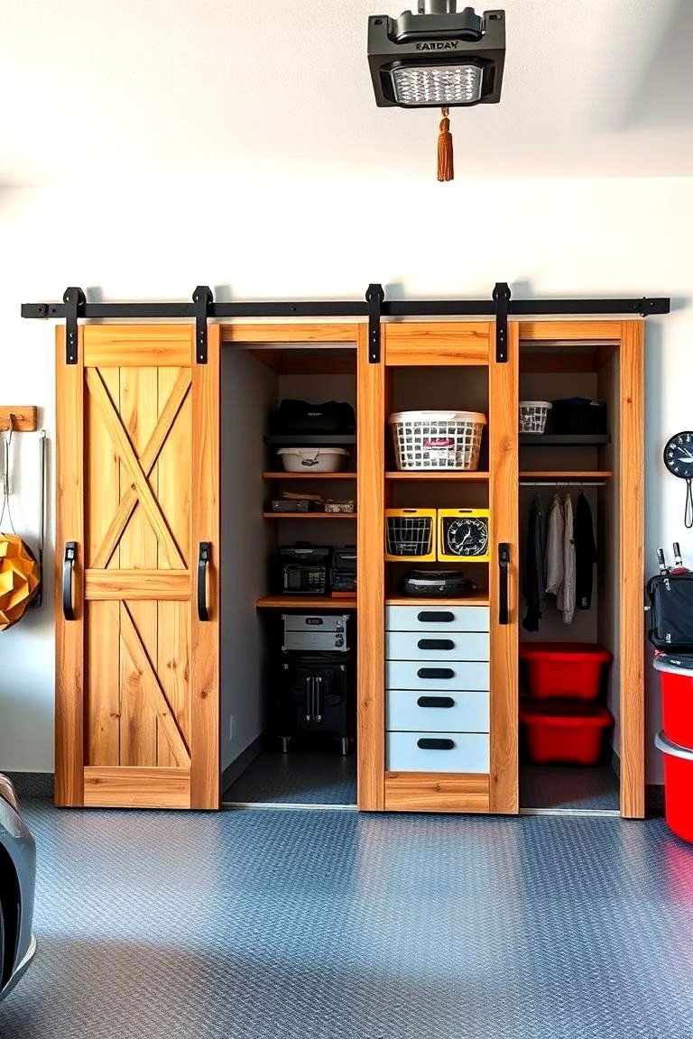 Implement Sliding Barn Doors for Cabinets - 25 Garage Storage Ideas