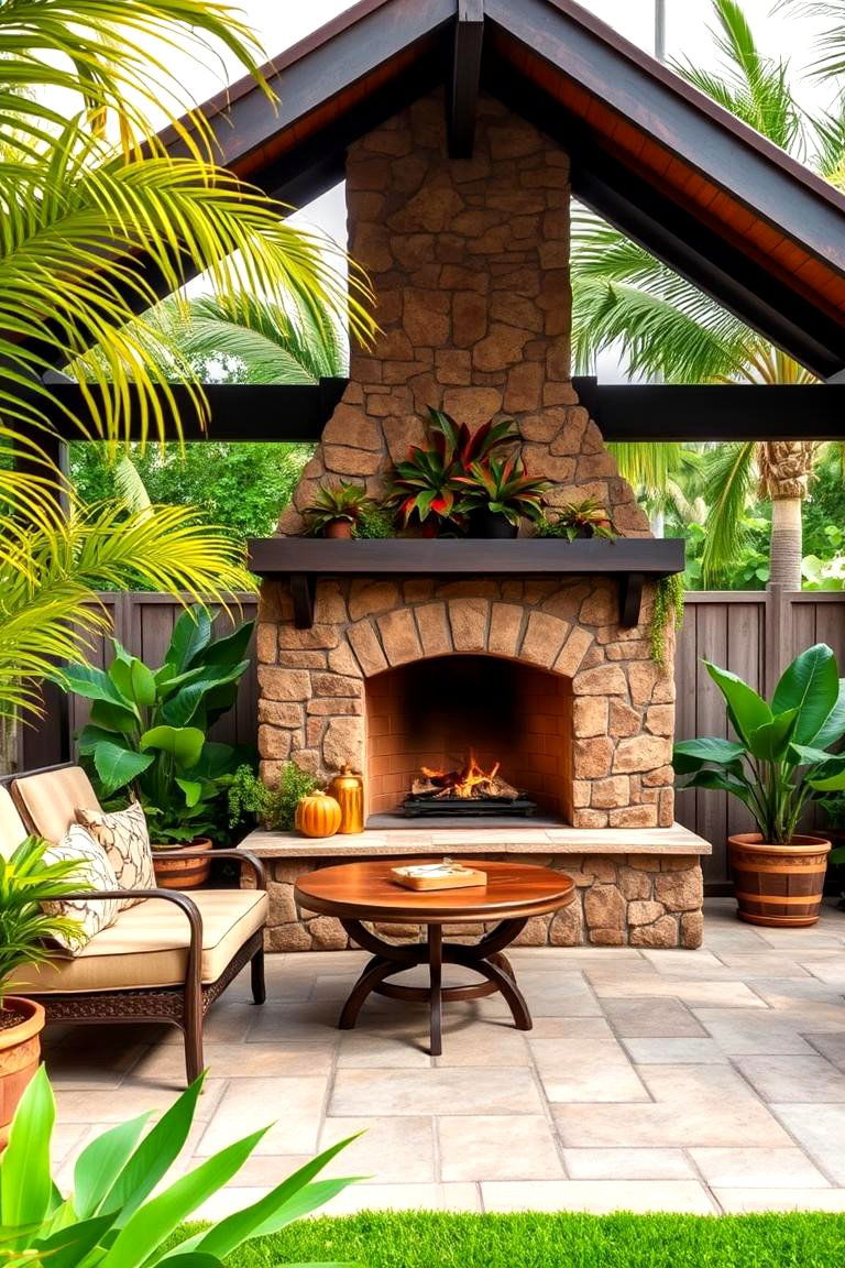 Include a Tropical Themed Outdoor Fireplace - 25 Tropical Patio Ideas