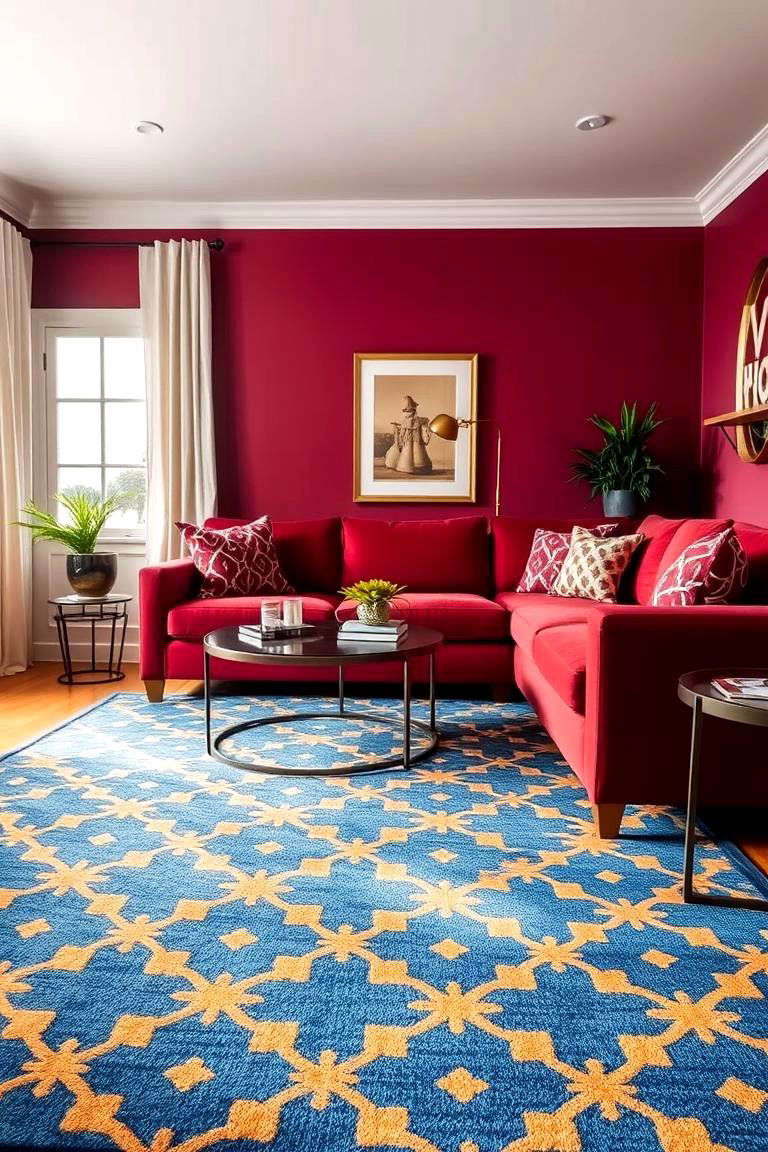 Incorporate Bold Colorful Rugs - 25 Burgundy Sofa Living Room Ideas