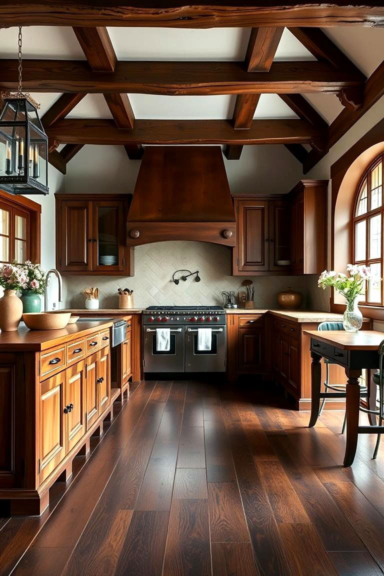 Incorporate Dark Wood Floors - 25 Tudor Kitchen Ideas