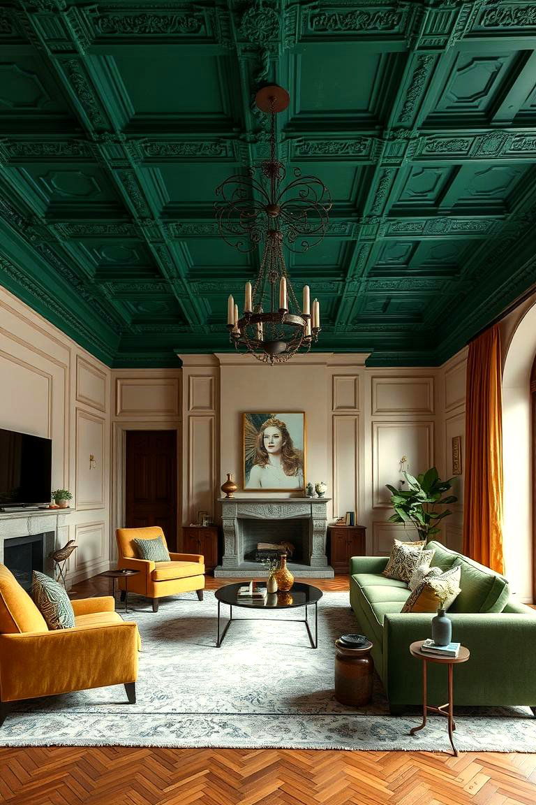 Incorporate Forest Green in the Ceiling - 25 Forest Green Living Room Ideas
