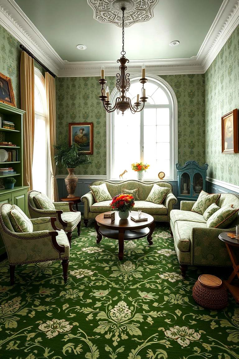 Incorporate Green with Floral Patterns - 25 Green Carpet Living Room Ideas