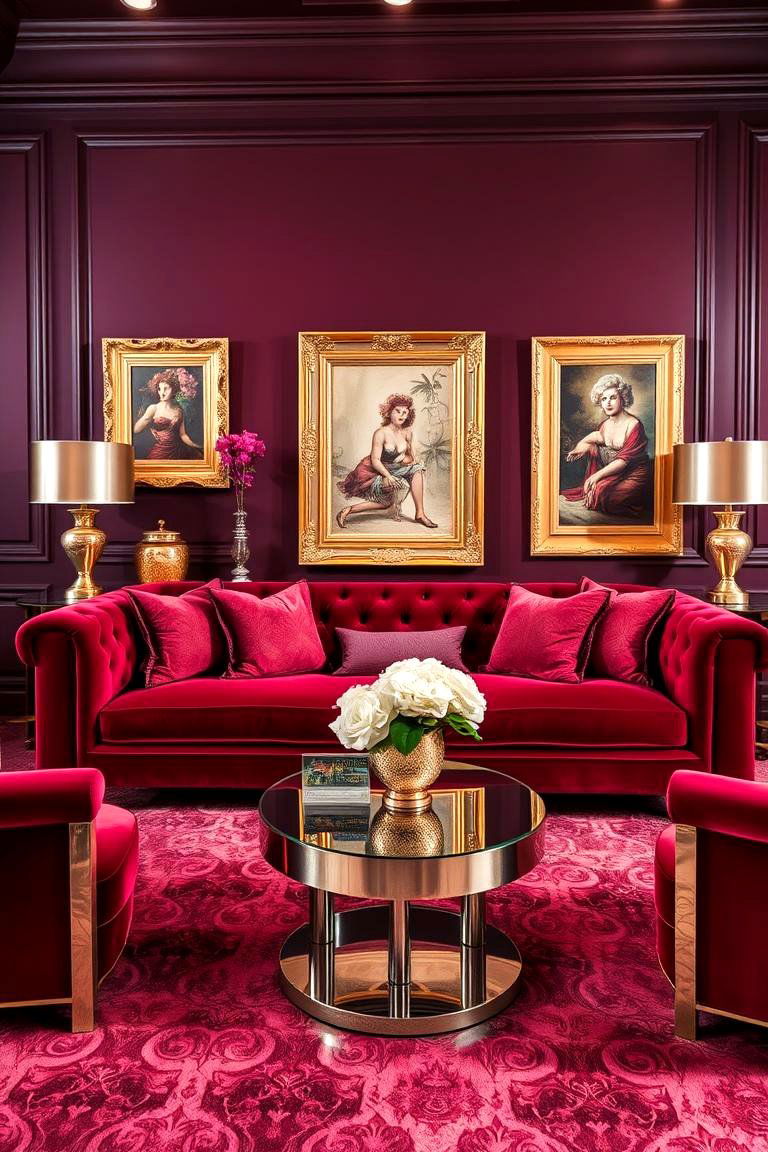 Incorporate Metallic Accents - 25 Burgundy Sofa Living Room Ideas