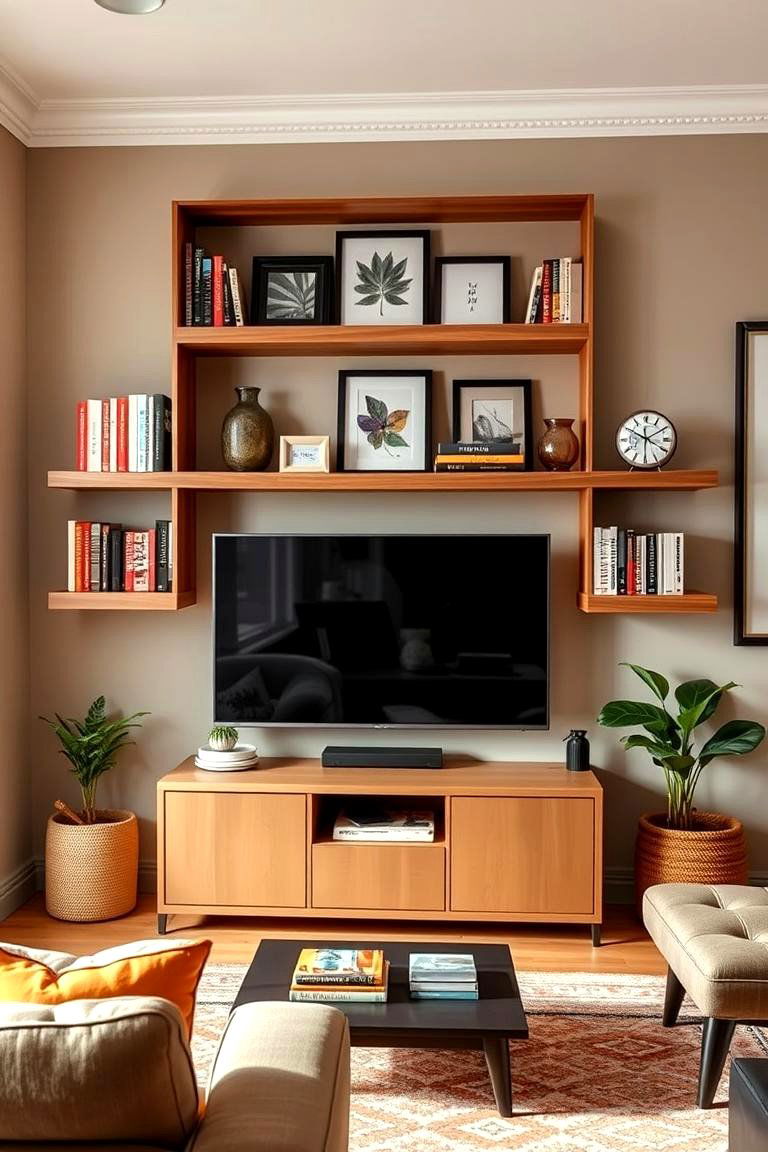 Incorporate Open Shelving for Books and Decor - 25 Media Wall Ideas
