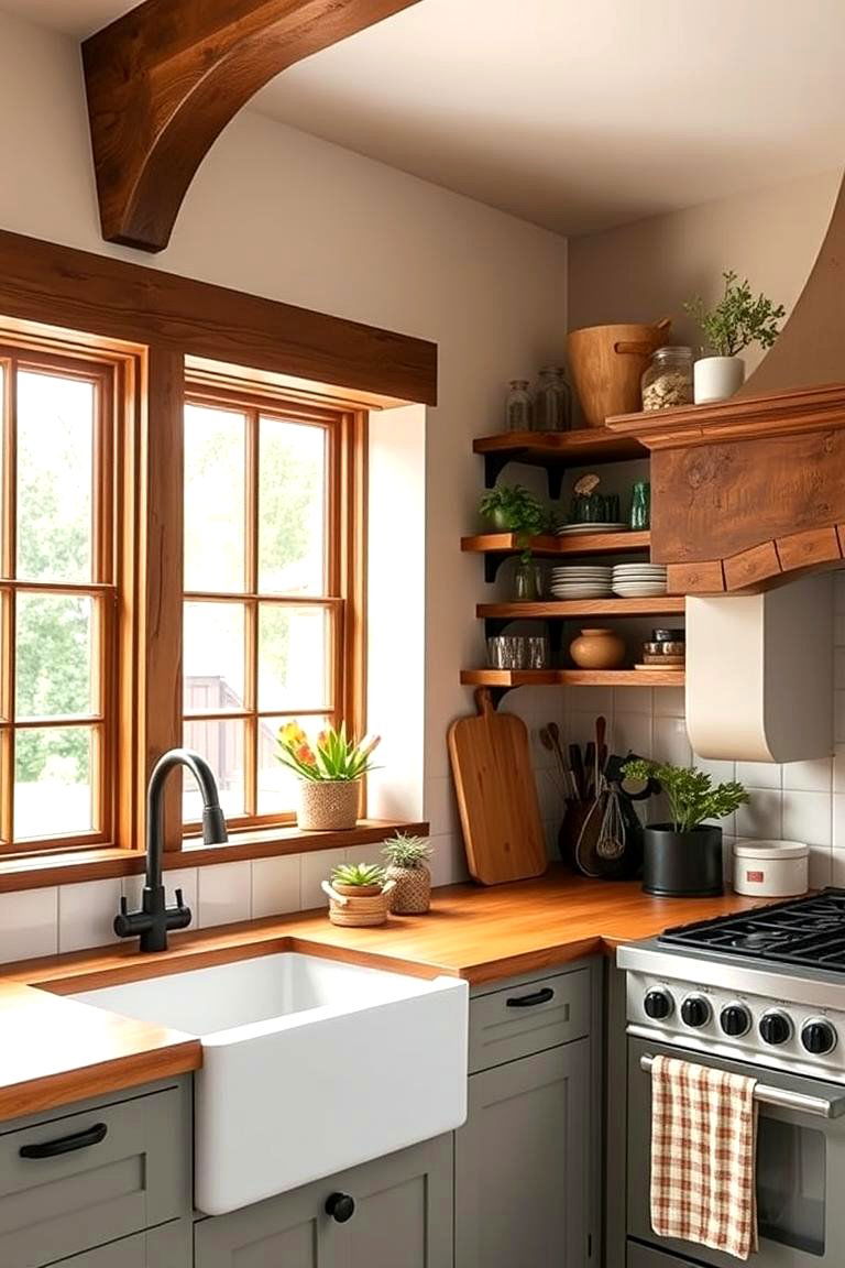 Incorporate Rustic Wooden Shelving - 25 Tudor Kitchen Ideas