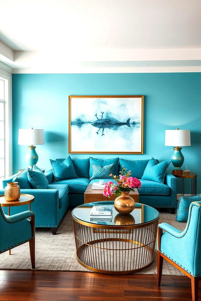 Incorporate Turquoise with Metal Accents - 25 Turquoise Living Room Ideas