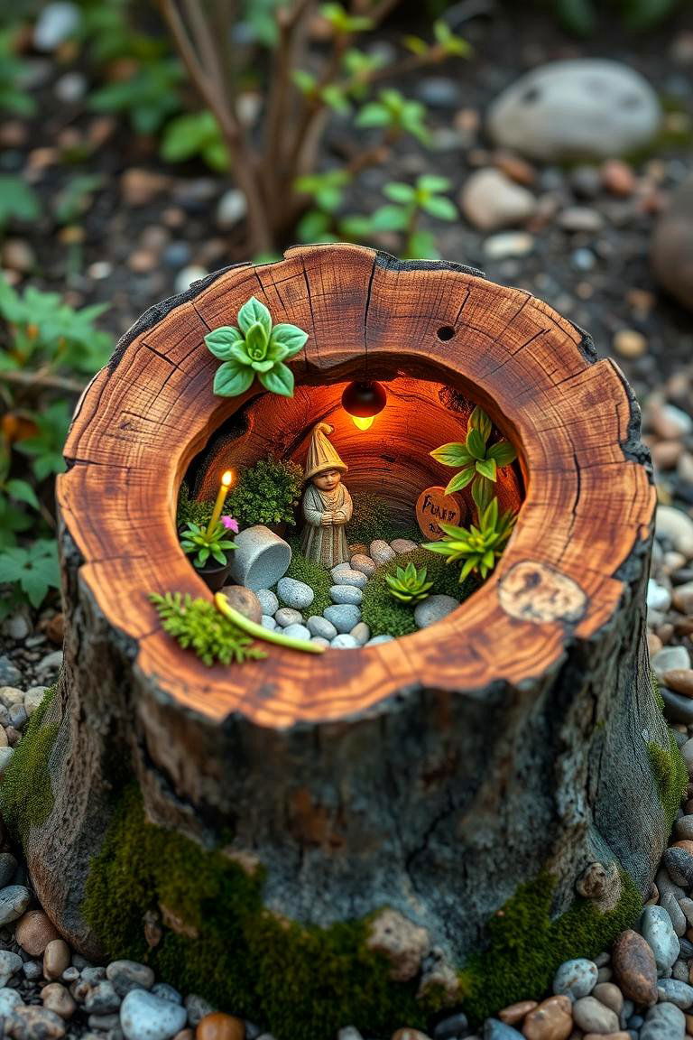 Incorporate a Tree Stump into a Fairy Garden - 25 Tree Stump Decorating Ideas