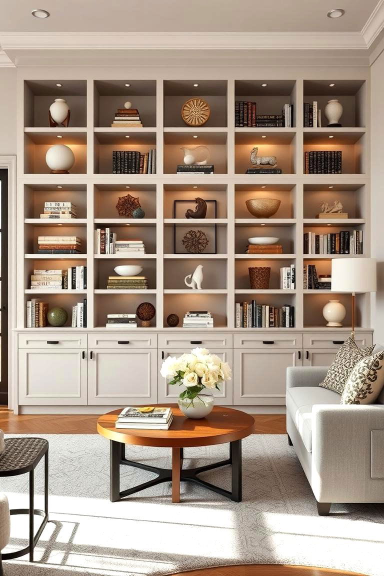 Incorporating Built in Shelving for Display - 25 Transitional Living Room Ideas