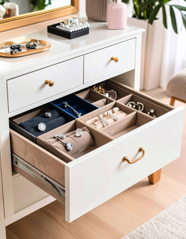 Incorporating Drawers with Specialized Inserts for Jewelry Vanity Room Ideas