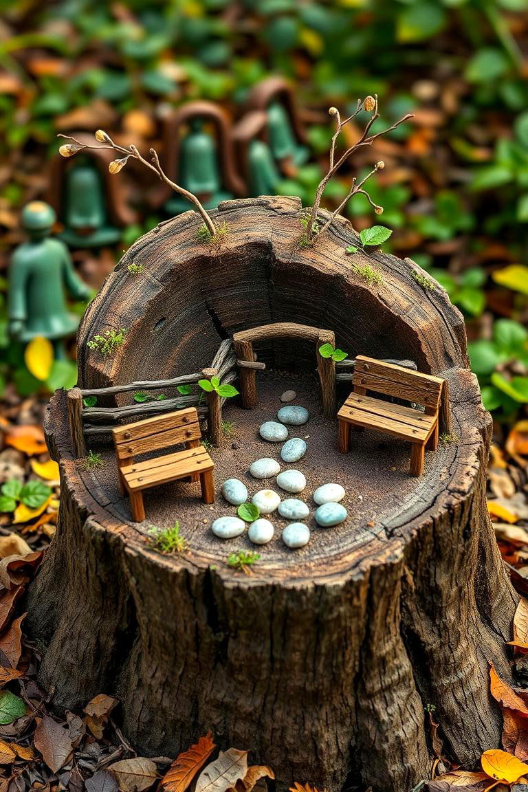 Incorporating Natural Elements Like Twigs and Leaves - 25 Tree Stump Fairy Garden Ideas