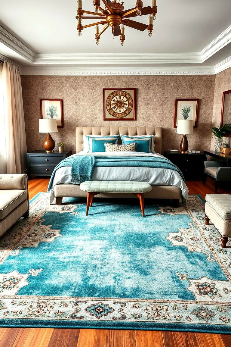 Incorporating Turquoise Area Rugs for Grounding - 25 Turquoise Bedroom Ideas