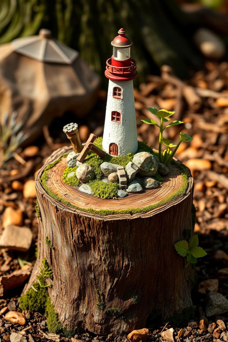 Incorporating a Miniature Lighthouse or Beacon - 25 Tree Stump Fairy Garden Ideas
