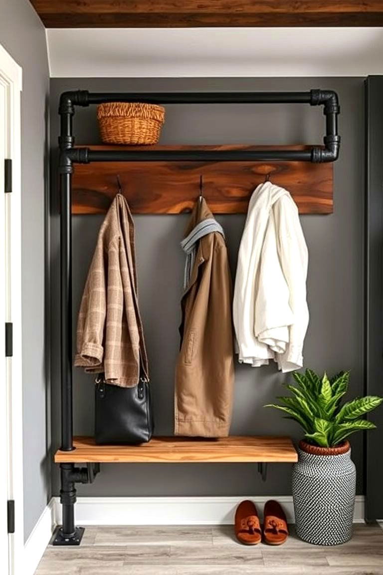 Industrial Pipe Coat Rack for an Urban Twist - 25 Farmhouse Mudroom Ideas