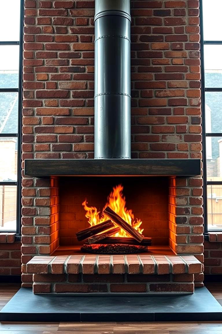 Industrial Style Fireplace with Exposed Brick - 25 Fireplace Between Windows Ideas