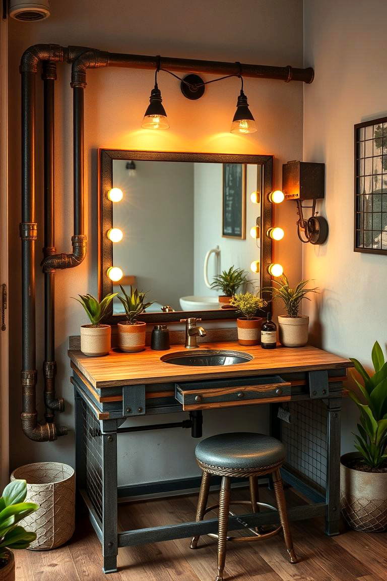 Industrial Style Vanity with Metal Accents - 25 Makeup Vanity Ideas
