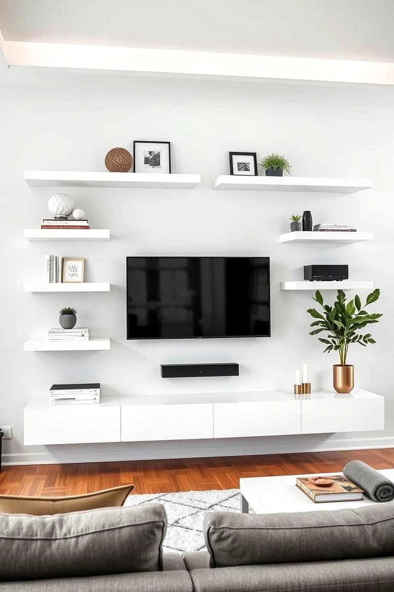 Install Floating Shelves for Display - 25 Media Wall Ideas