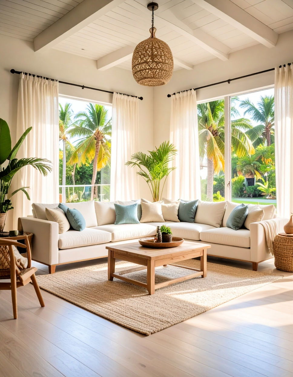 Install Sheer Curtains for Soft Lighting Tropical Living Room Ideas